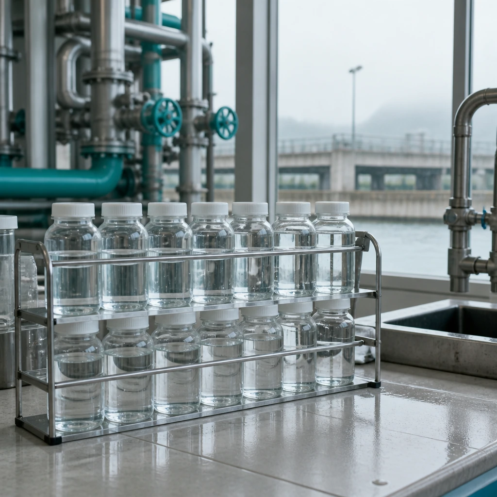 A rack of clear water sample bottles on a laboratory bench