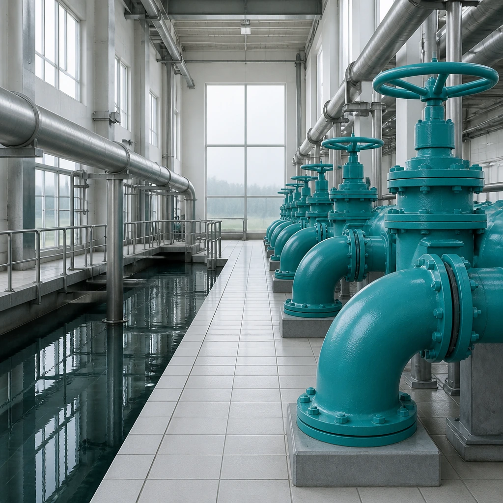 A valve hall of large painted pipework and hand wheels, evenly lit