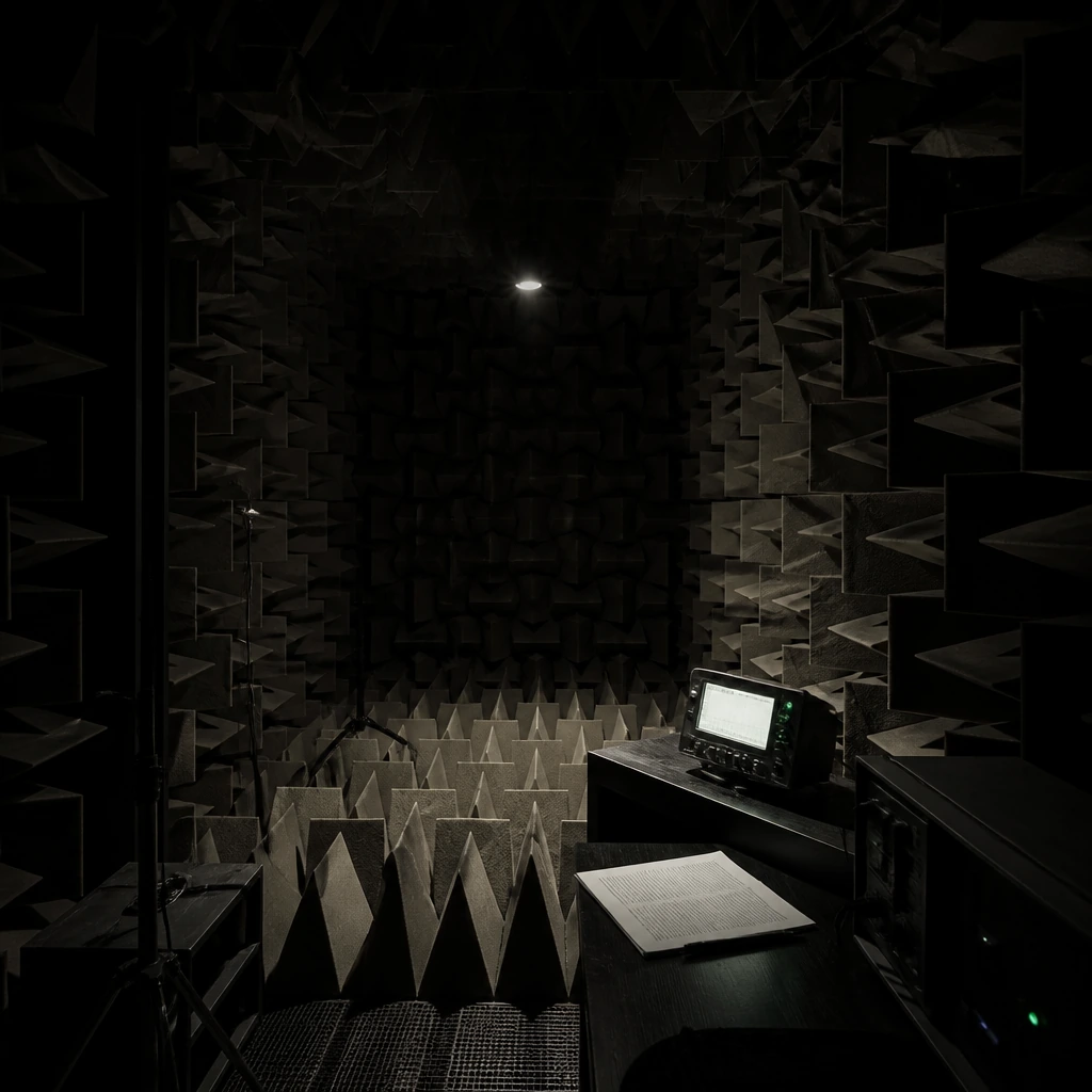 The interior of an anechoic chamber, wedge foam on every surface