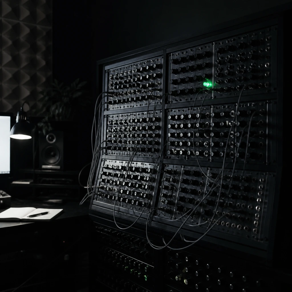 A wall of modular synthesiser panels with patch cables, lit low