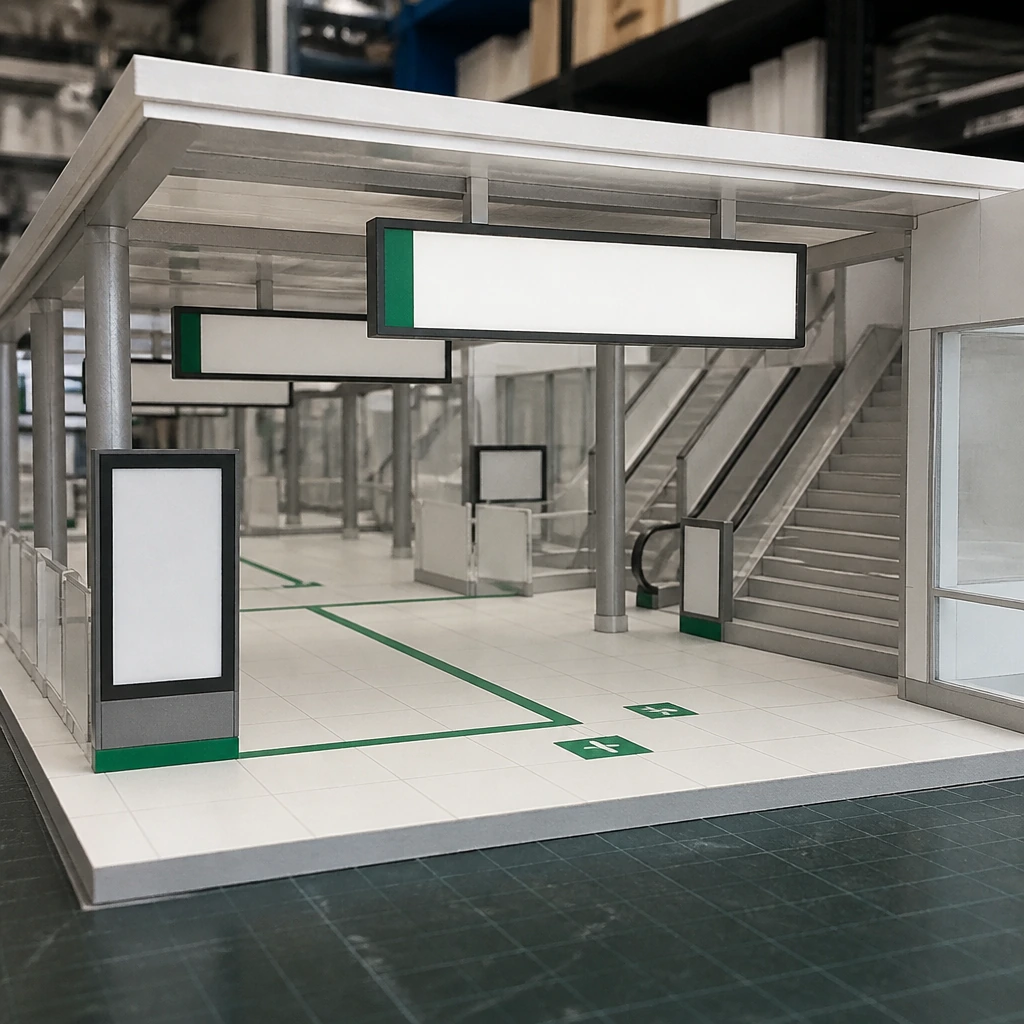A small scale model of a station concourse with miniature sign panels