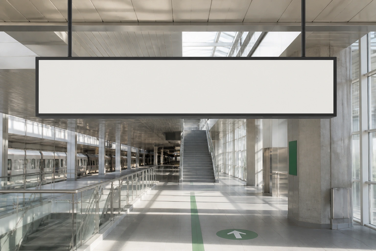 A large suspended wayfinding sign panel in a bright station concourse seen straight on