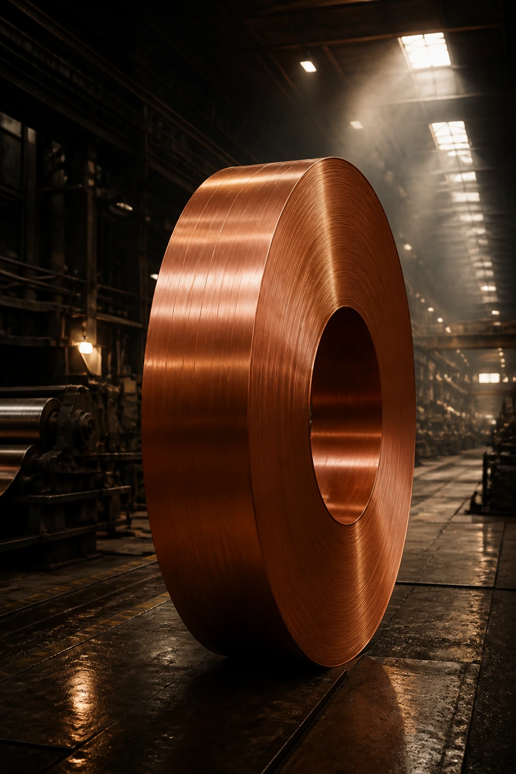 A tall coil of rolled copper sheet standing on end on a mill floor