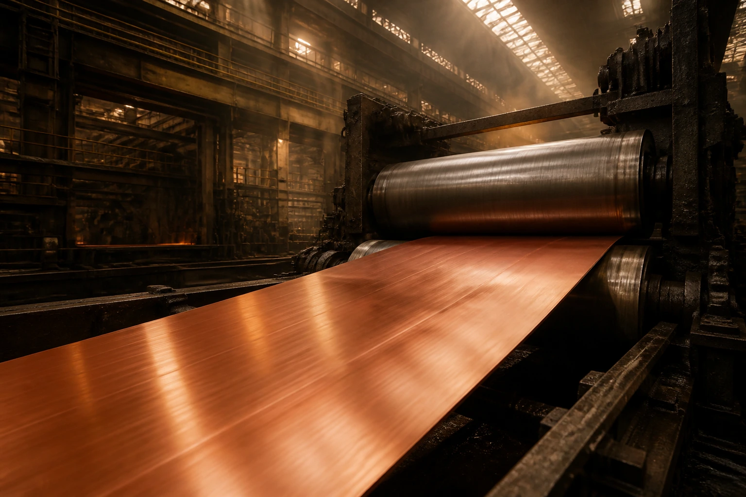 The interior of a copper rolling mill, a wide sheet of copper running between steel rolls