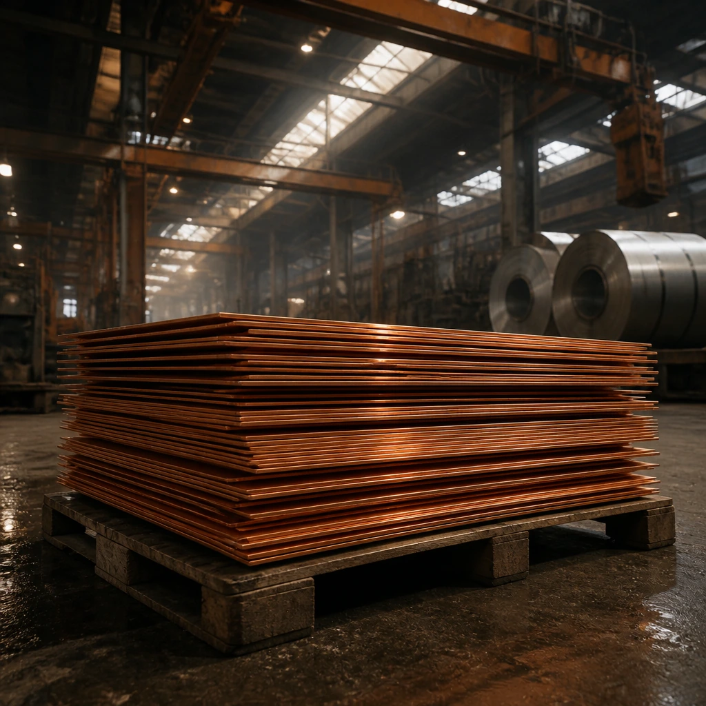 A stack of cut copper sheets on a pallet seen from a low angle