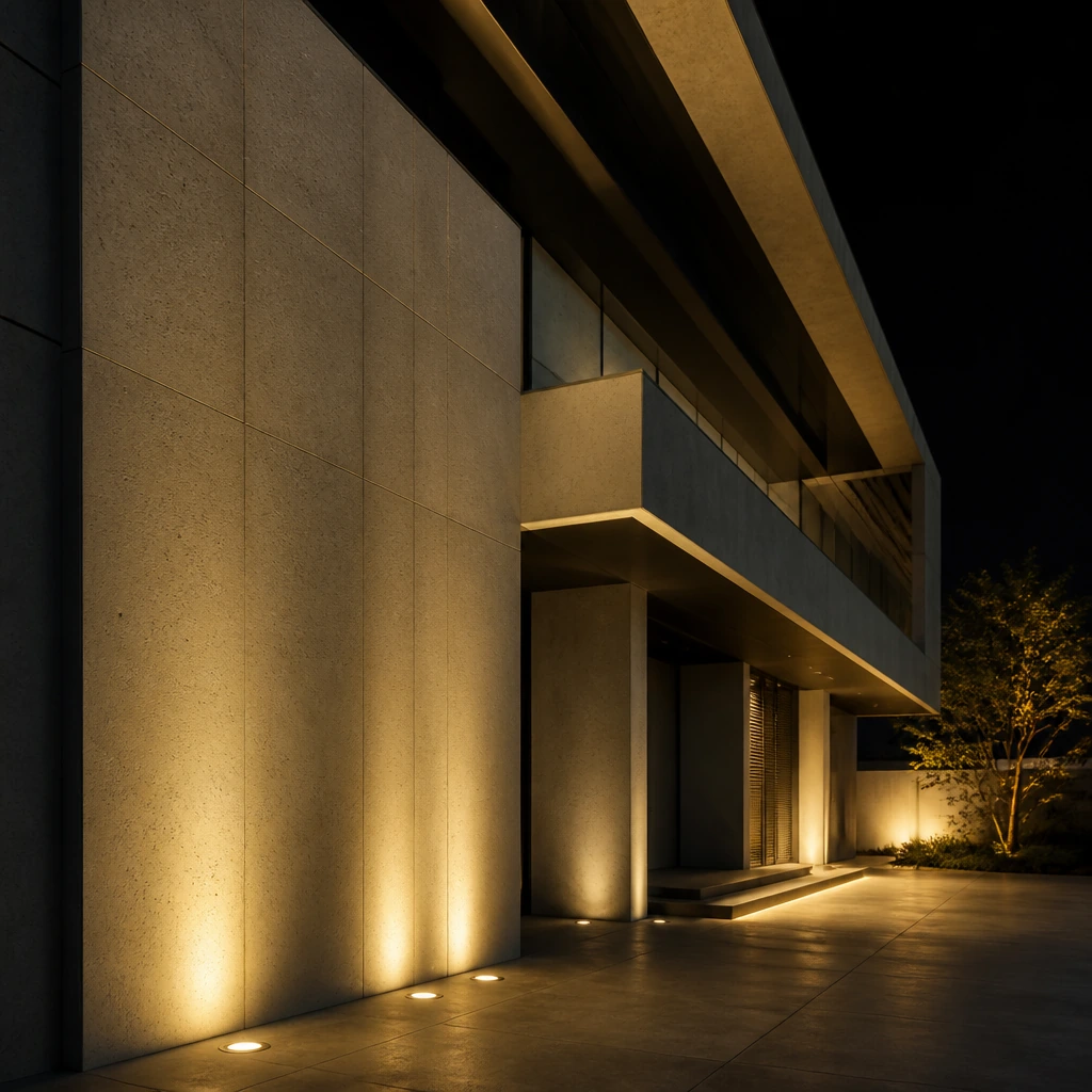 A building facade at dusk washed with warm light from below