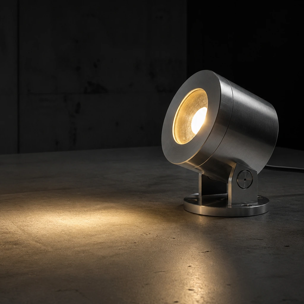 A single machined luminaire on a plain workbench lit from the side