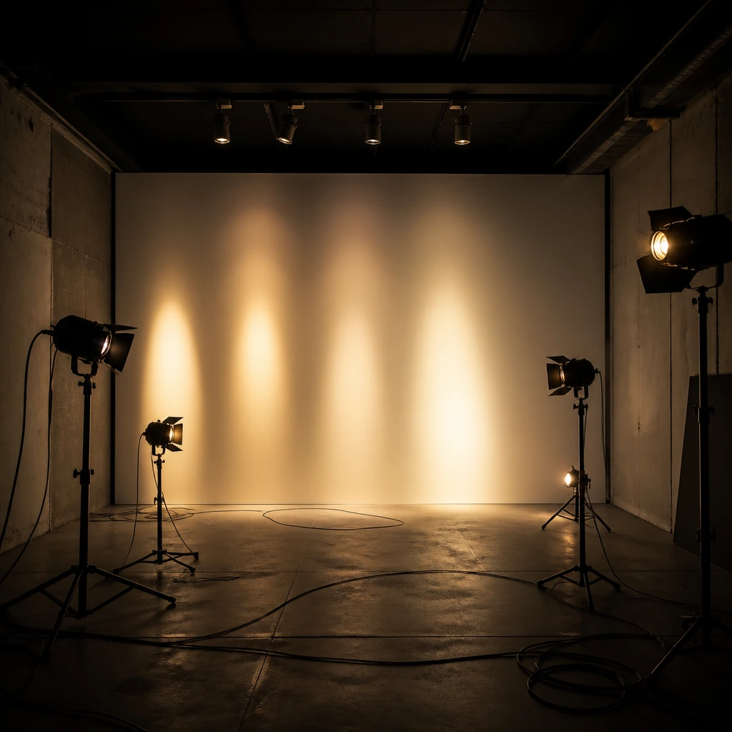 A lighting mock-up room with several fixtures aimed at a sample wall