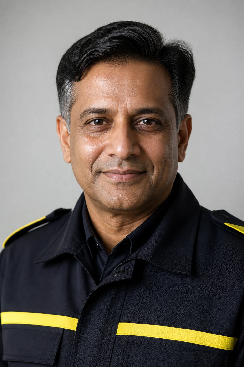 Portrait of a transit ticket inspector in a dark uniform, photographed straight on in daylight