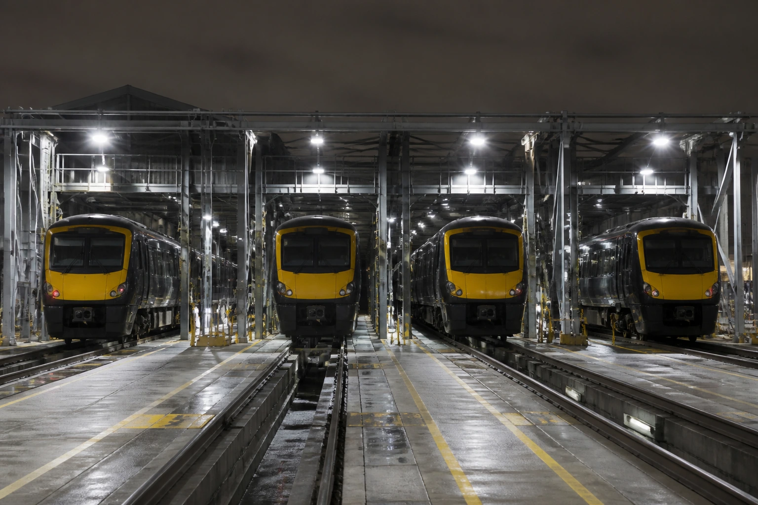 Railcars stabled inside a maintenance depot with overhead inspection walkways