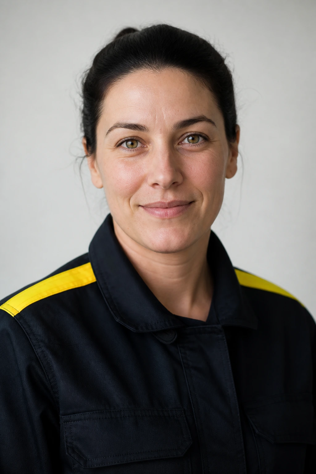 Portrait of a transit driver in a dark uniform, photographed straight on in daylight