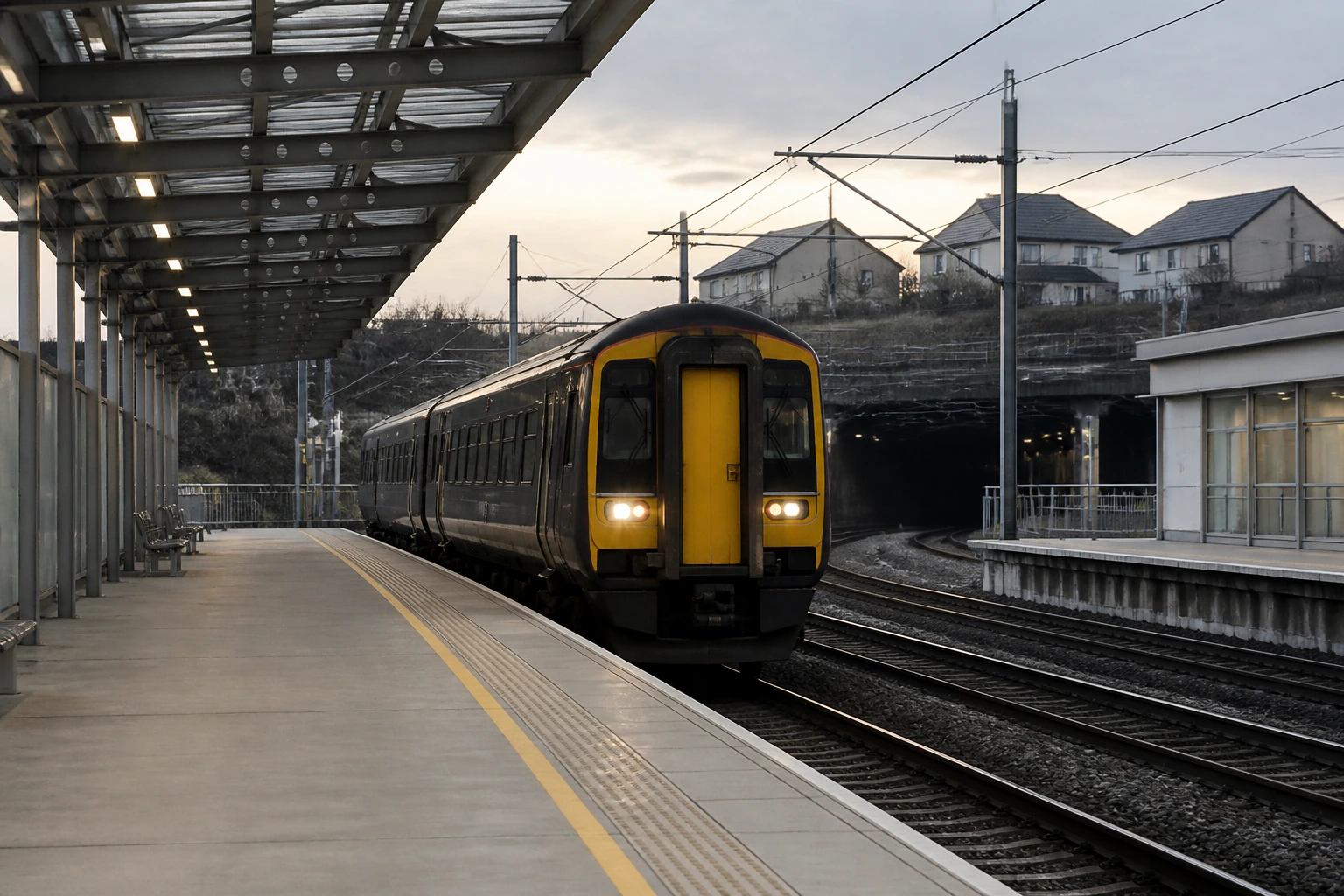 A two-car regional railcar standing at an open platform under a flat grey sky