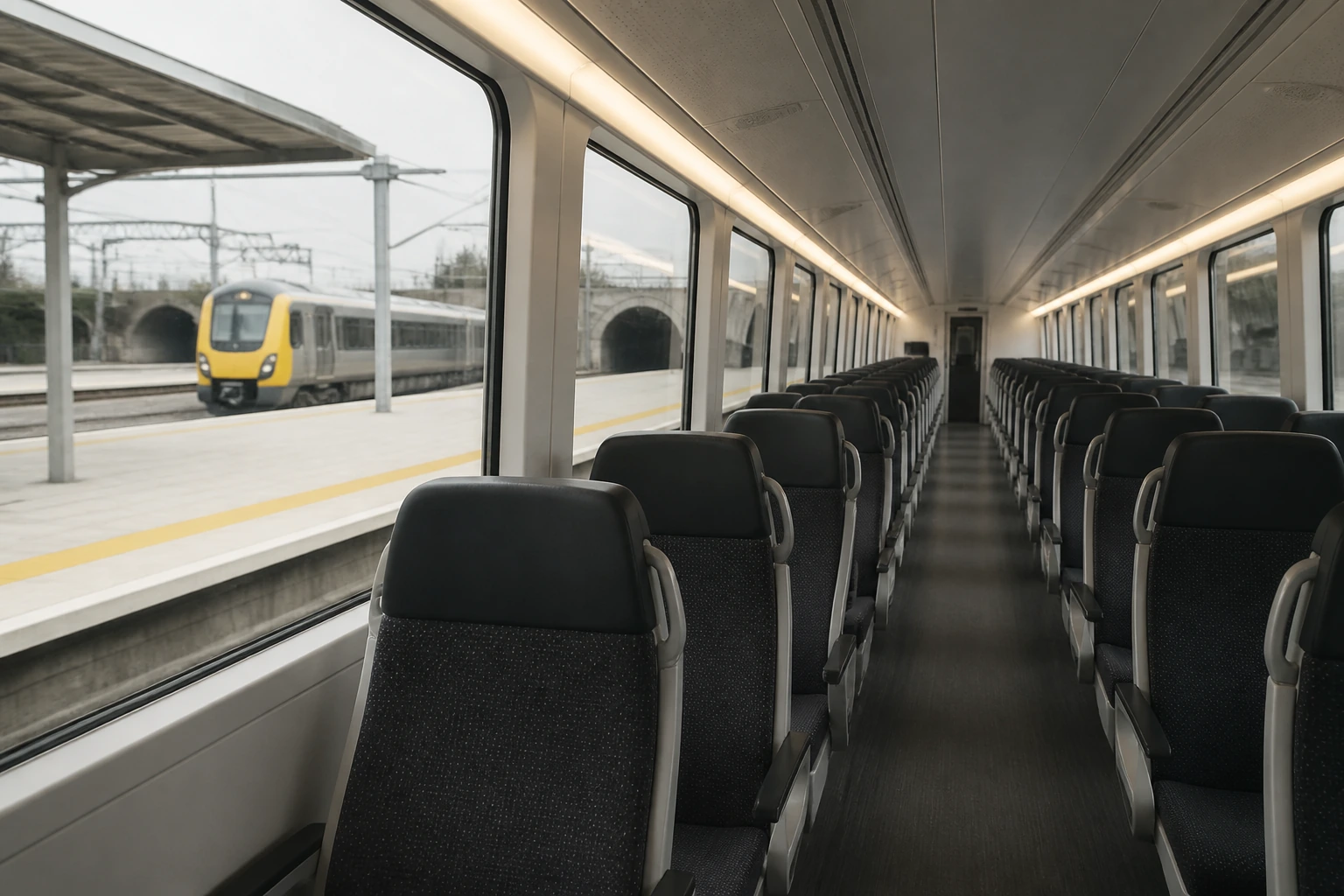 The interior of a modern railcar with grey seating, grab poles and daylight from wide windows