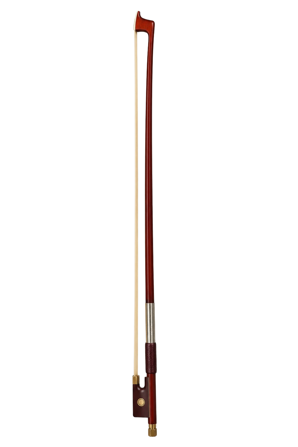 A violin bow photographed vertically, frog and silver winding visible