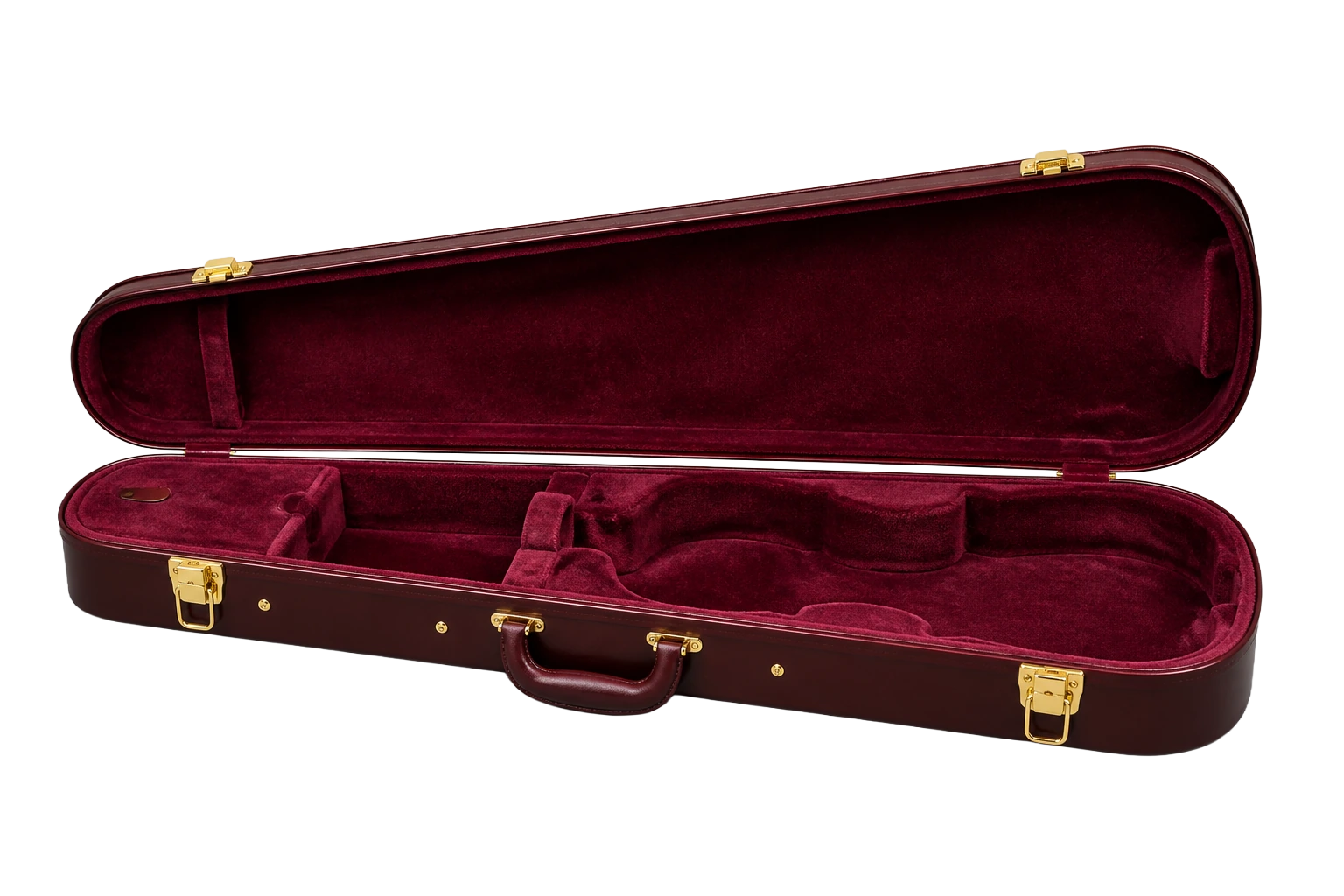 An open violin case lined with deep red velvet