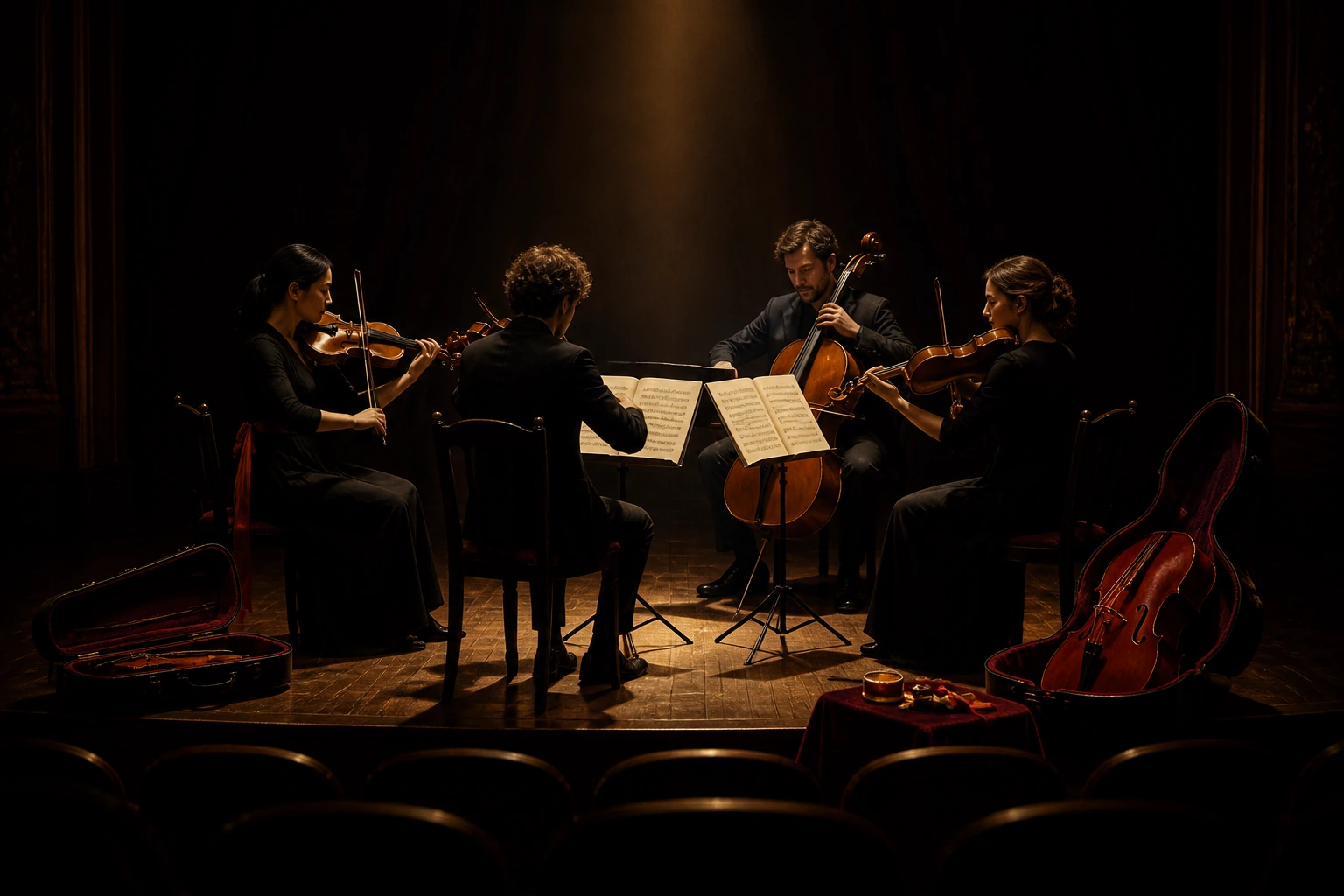 A string quartet on a warmly lit stage, two Madrigal instruments among them