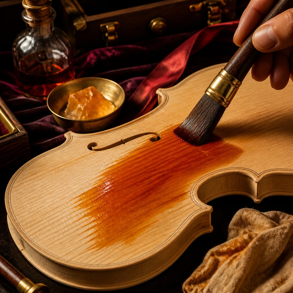 A varnish brush laying a coat of deep amber over a violin top, close enough to see the grain