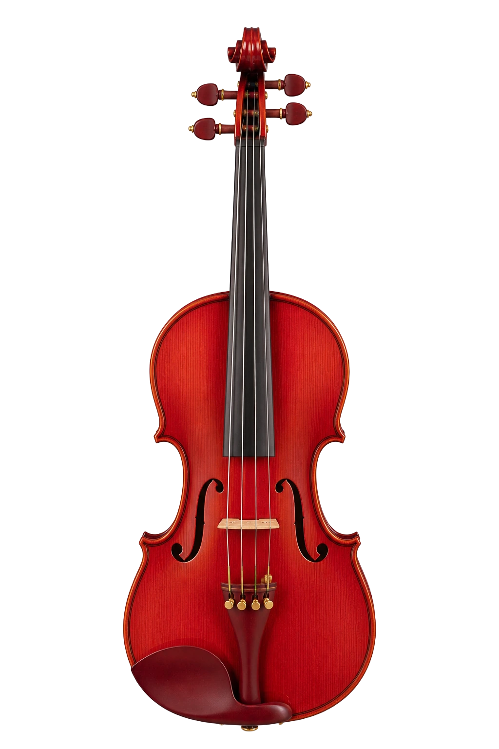 A finished violin standing upright, its amber varnish catching the light