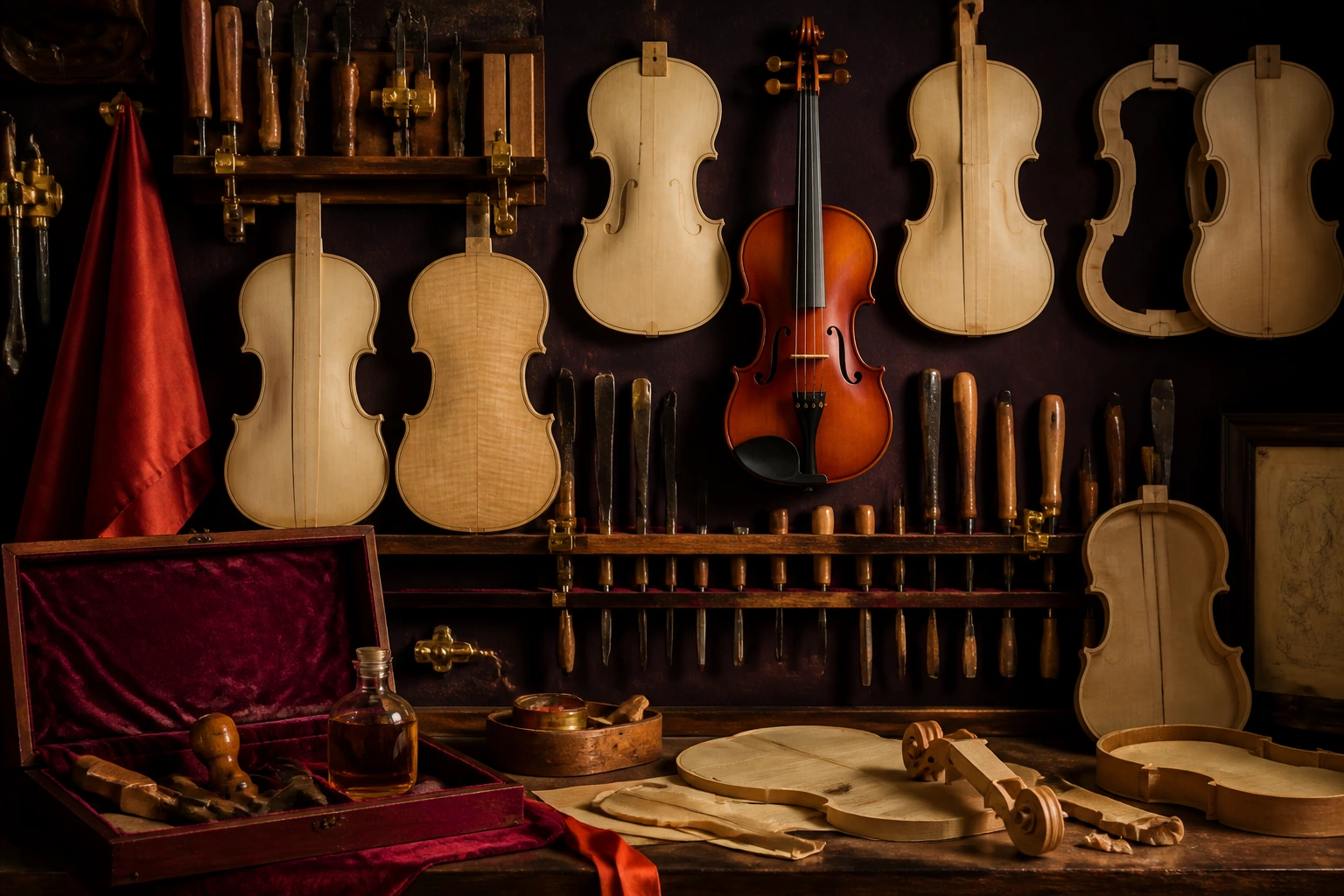 The workshop wall: tools on hooks, violin bodies in the white hanging in a patient row