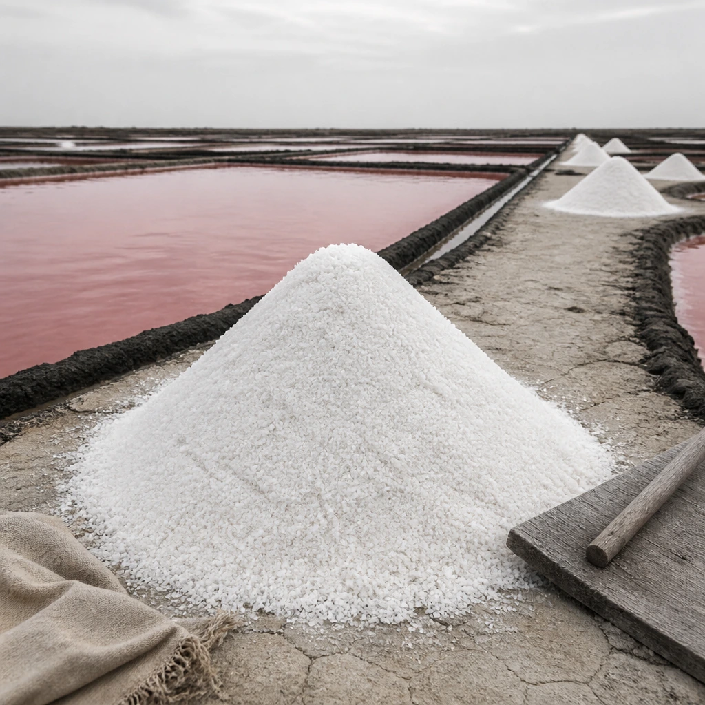 A conical mound of freshly harvested white sea salt on a clay path