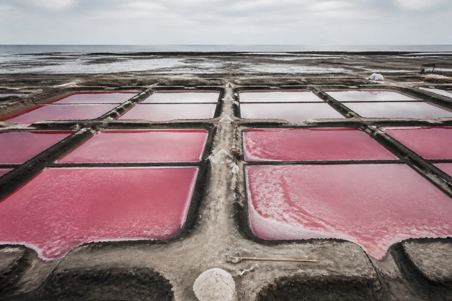 Sea salt pans seen from directly above, a grid of shallow clay basins of pink brine