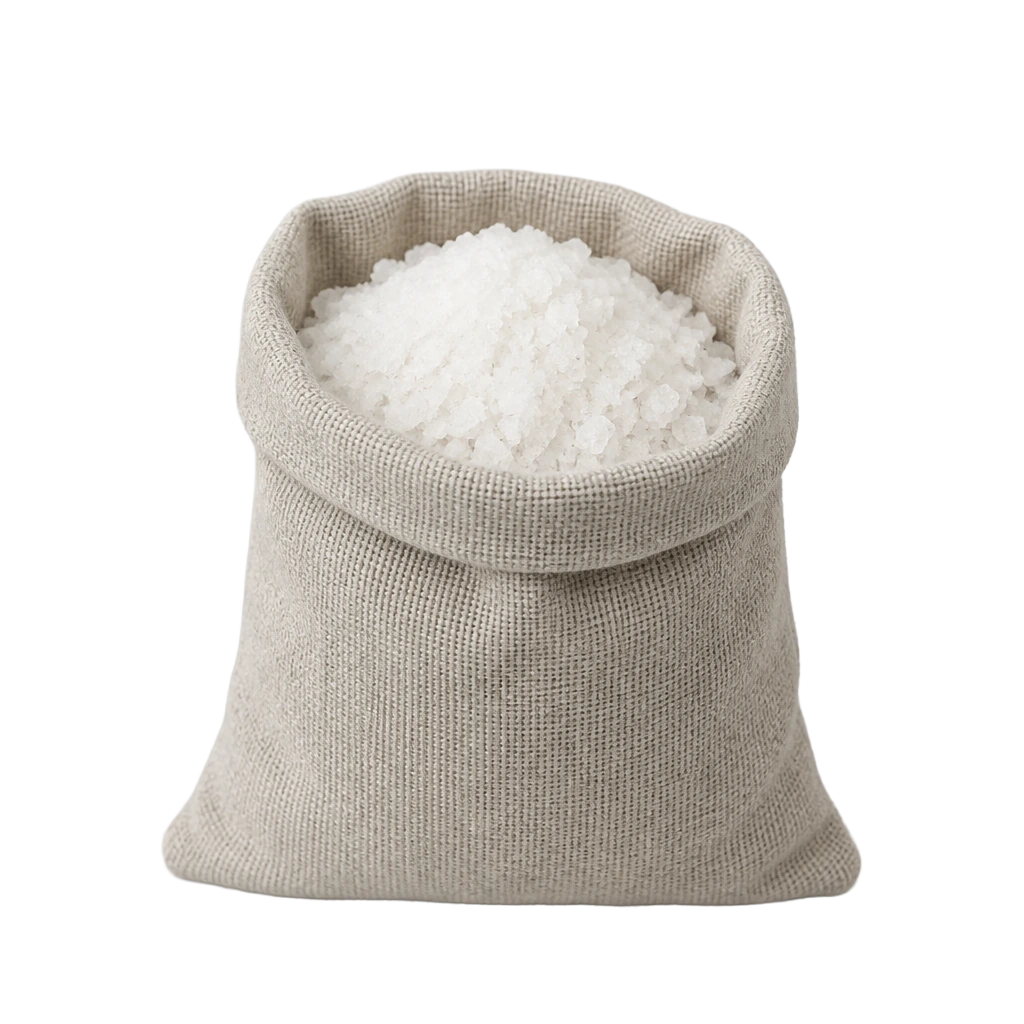 A small linen sack of coarse sea salt, open at the top