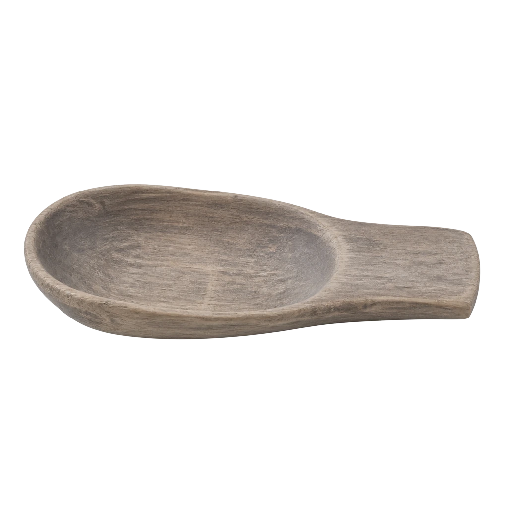 A shallow wooden salt scoop worn smooth