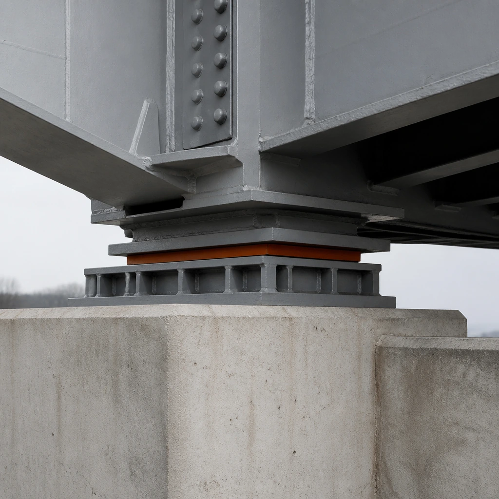 A close view of a large steel bridge bearing between abutment and deck