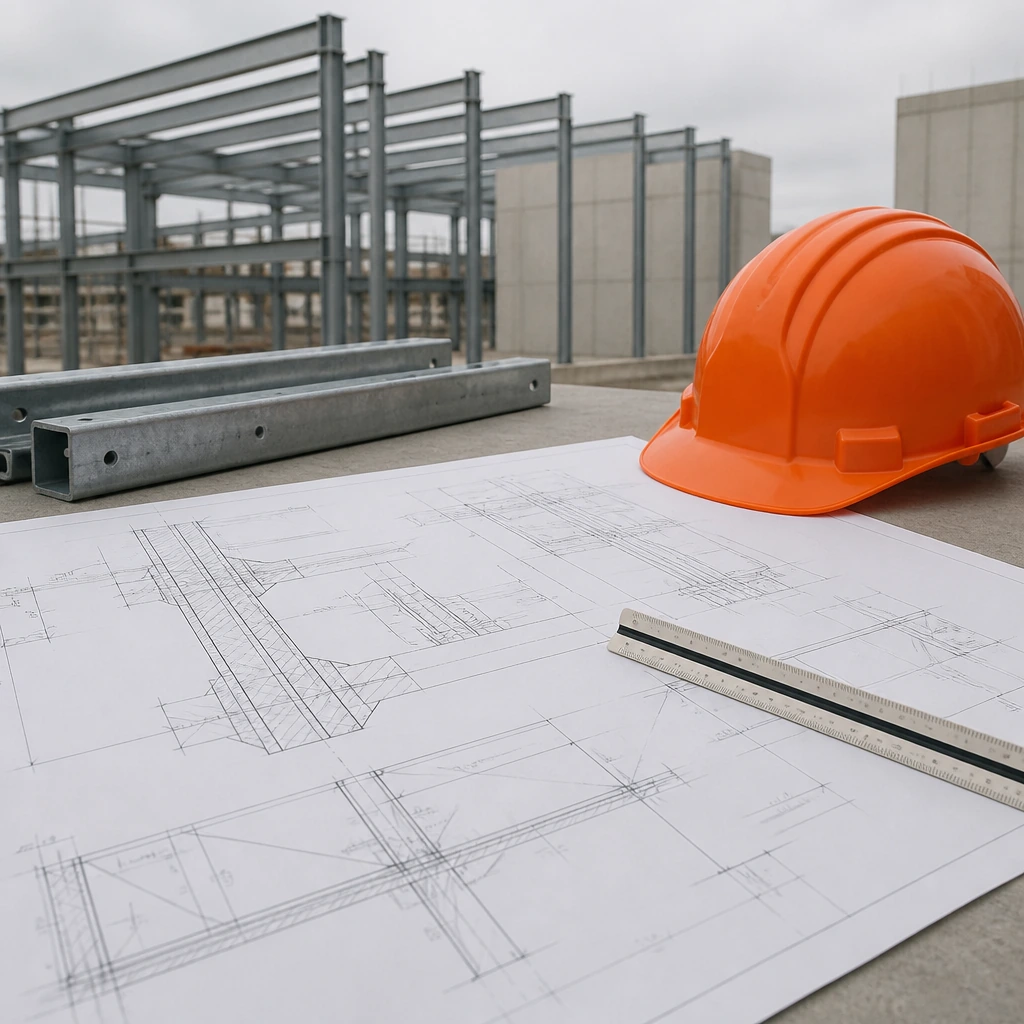 Structural drawings and a scale rule laid out on a plain table