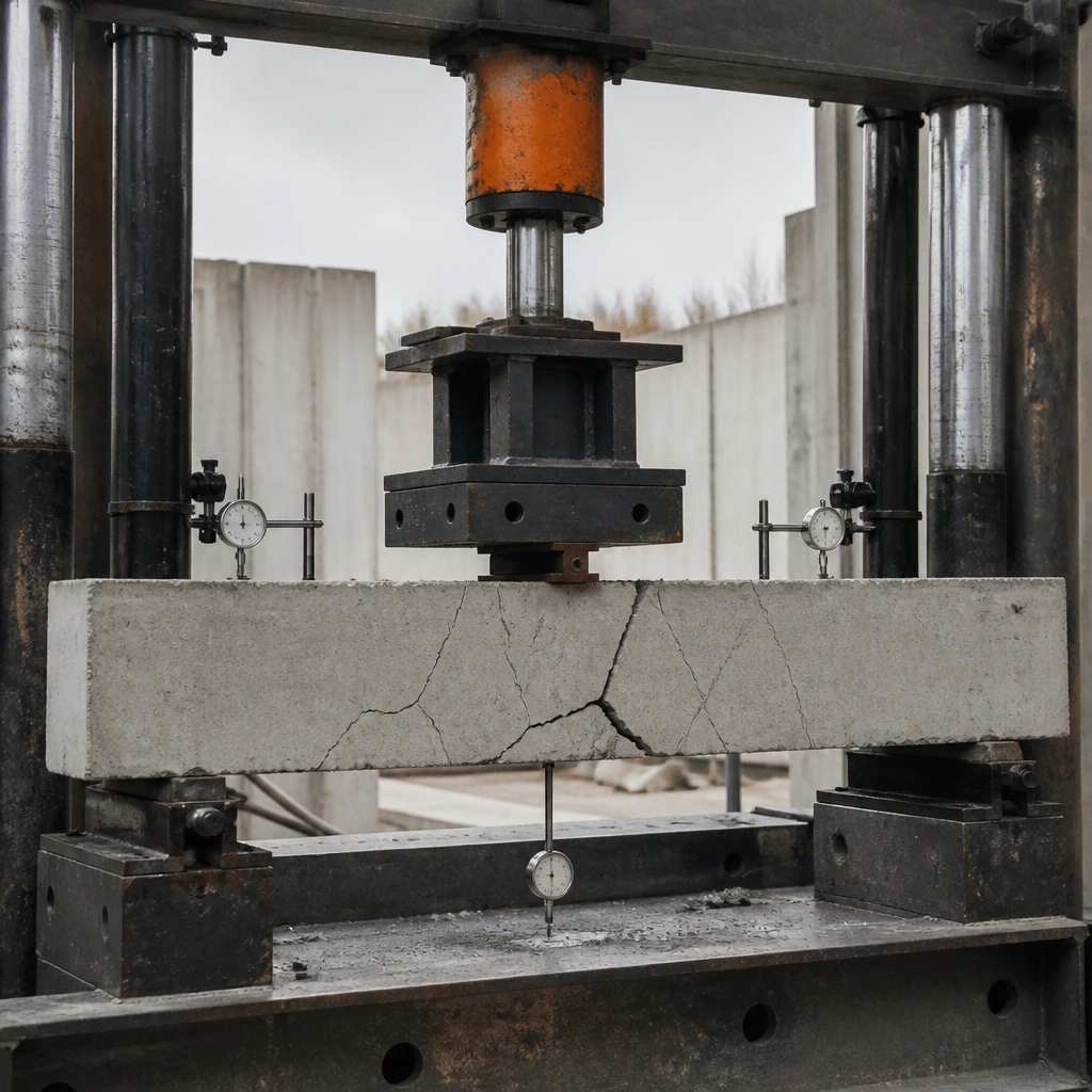 A laboratory load test rig pressing a concrete beam to failure