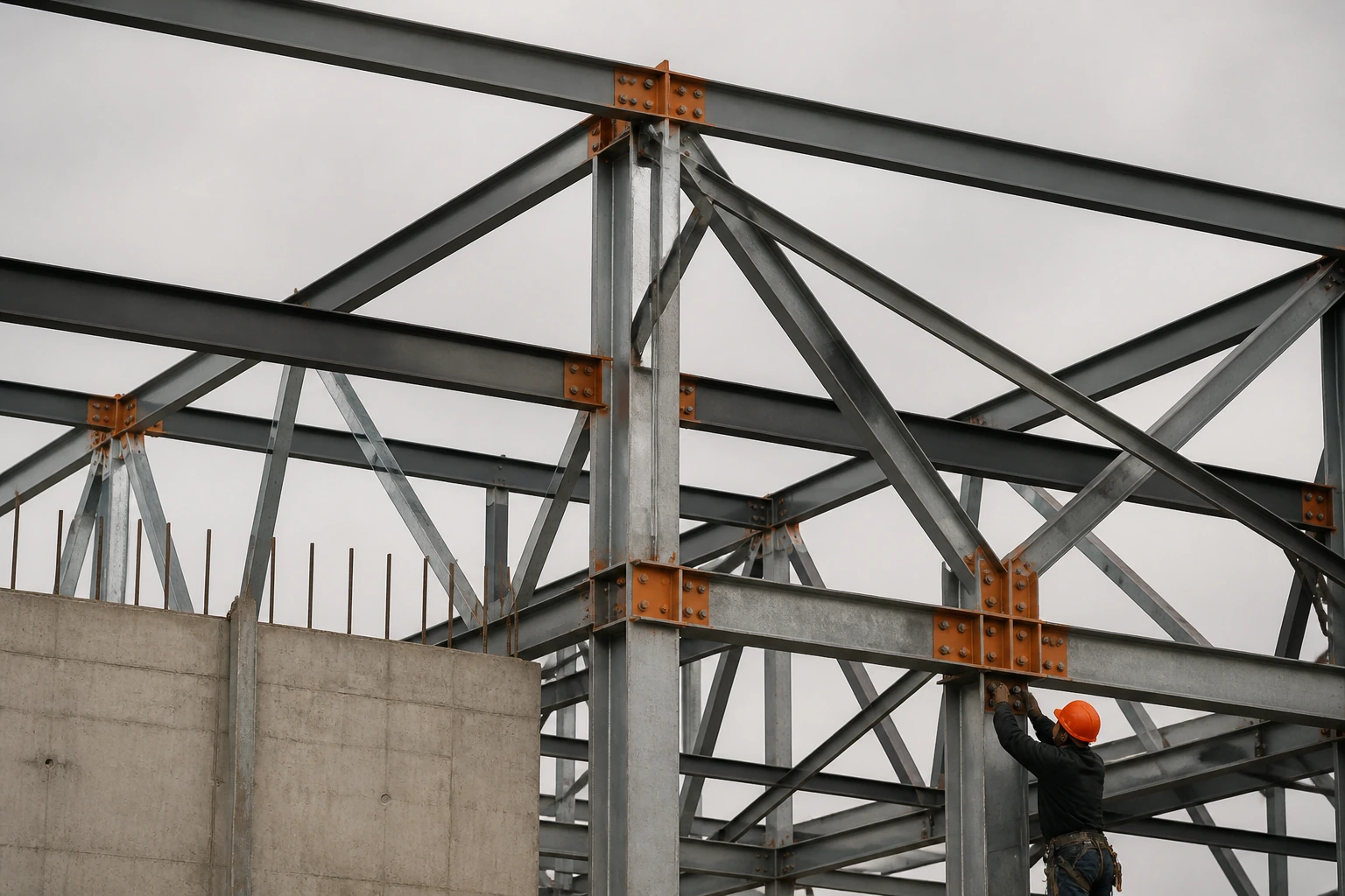 A steel roof truss under construction against an overcast sky, joints in orange primer