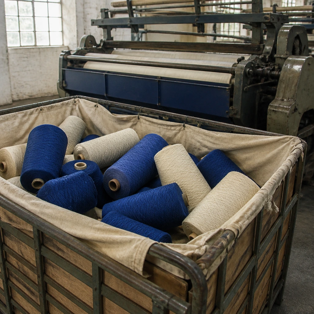 A warping creel filled with cones of indigo and undyed yarn