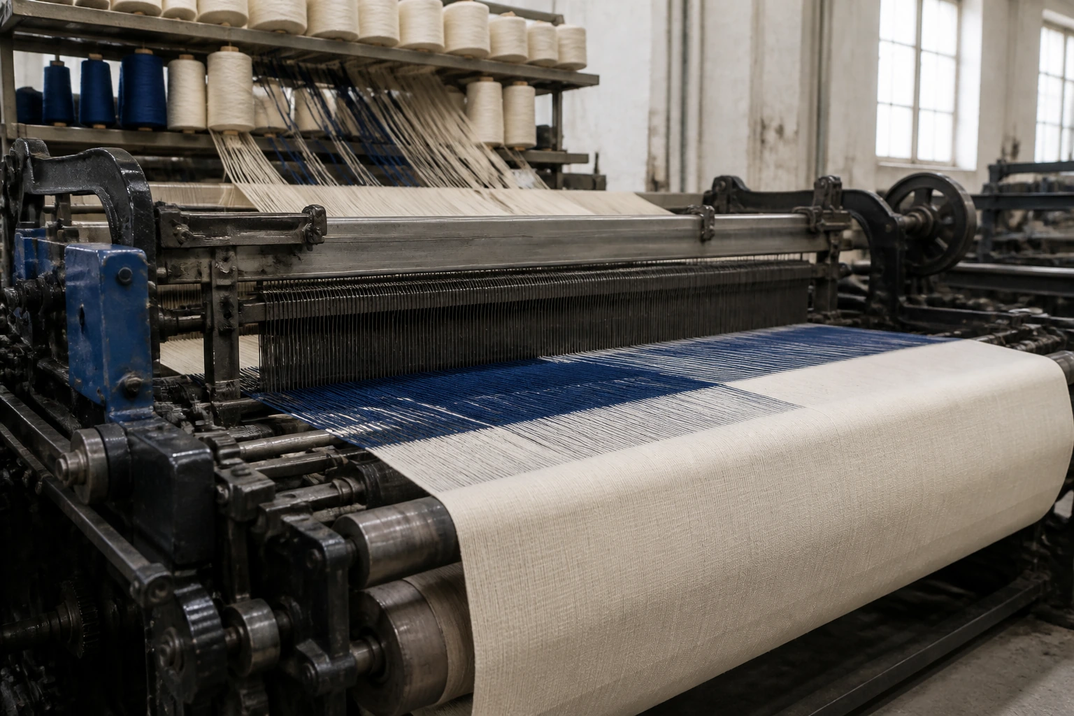 A wide industrial loom mid-weave with warp threads stretched under even light
