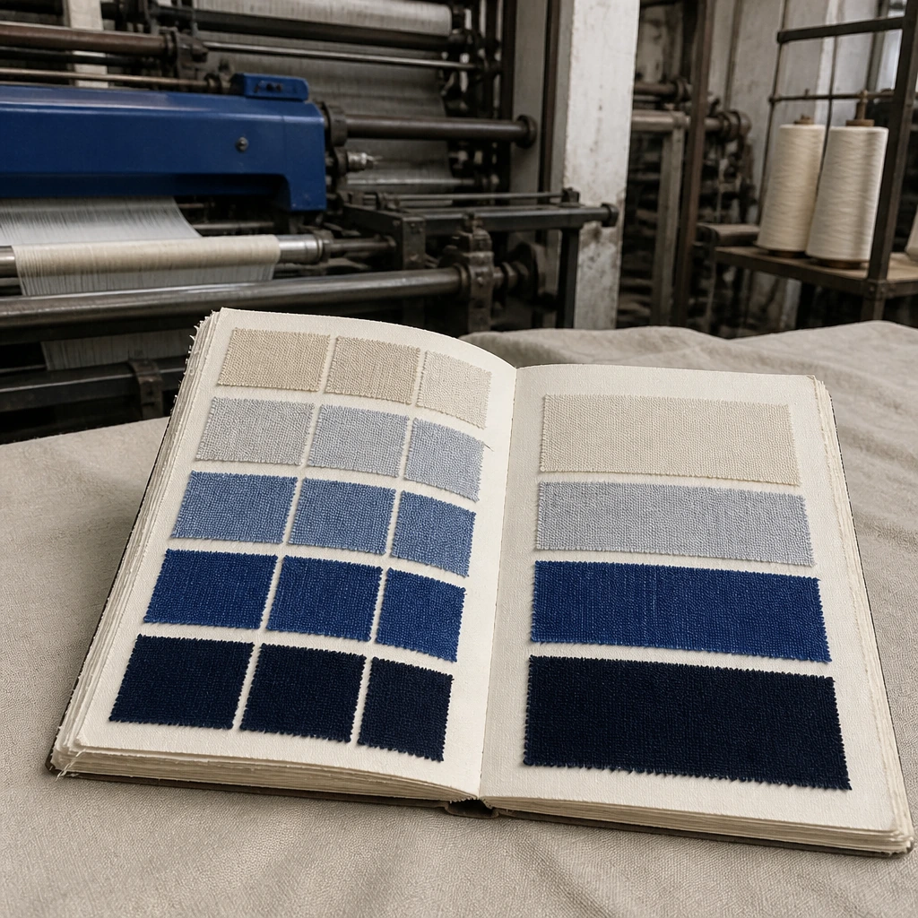 An open swatch book of woven cloth samples on a plain table