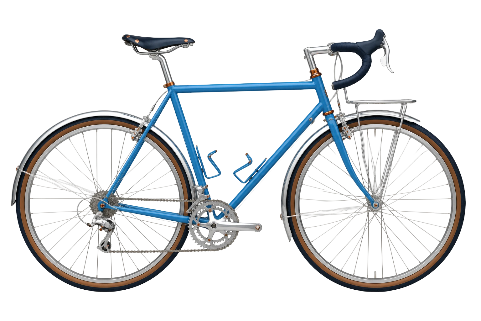 Complete randonneur bicycle with front rack, fenders and dynamo lighting