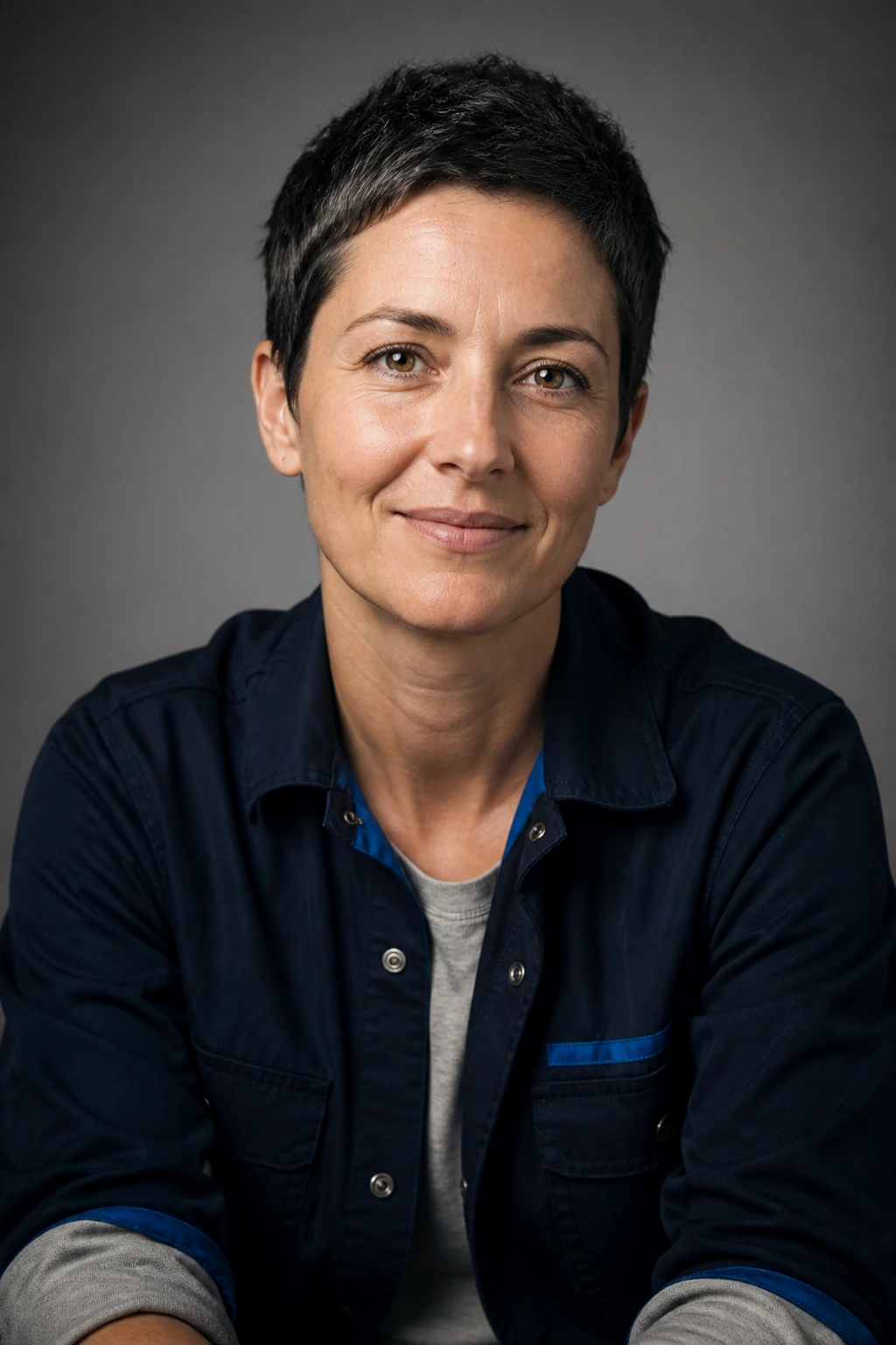 Portrait of Mara Voss, framebuilder, in a navy work shirt