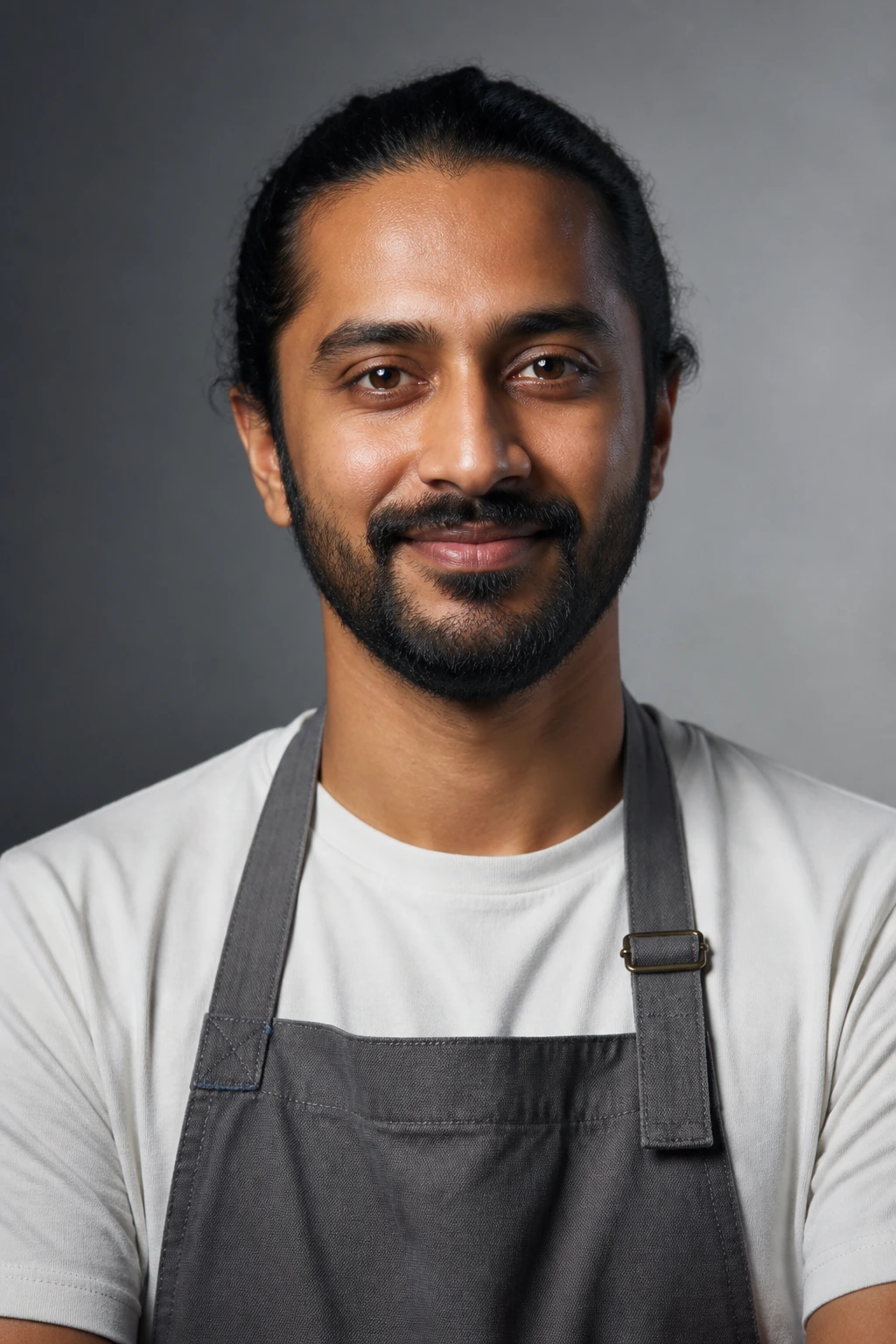 Portrait of Arjun Mehta, painter and fitter, in a grey shop apron