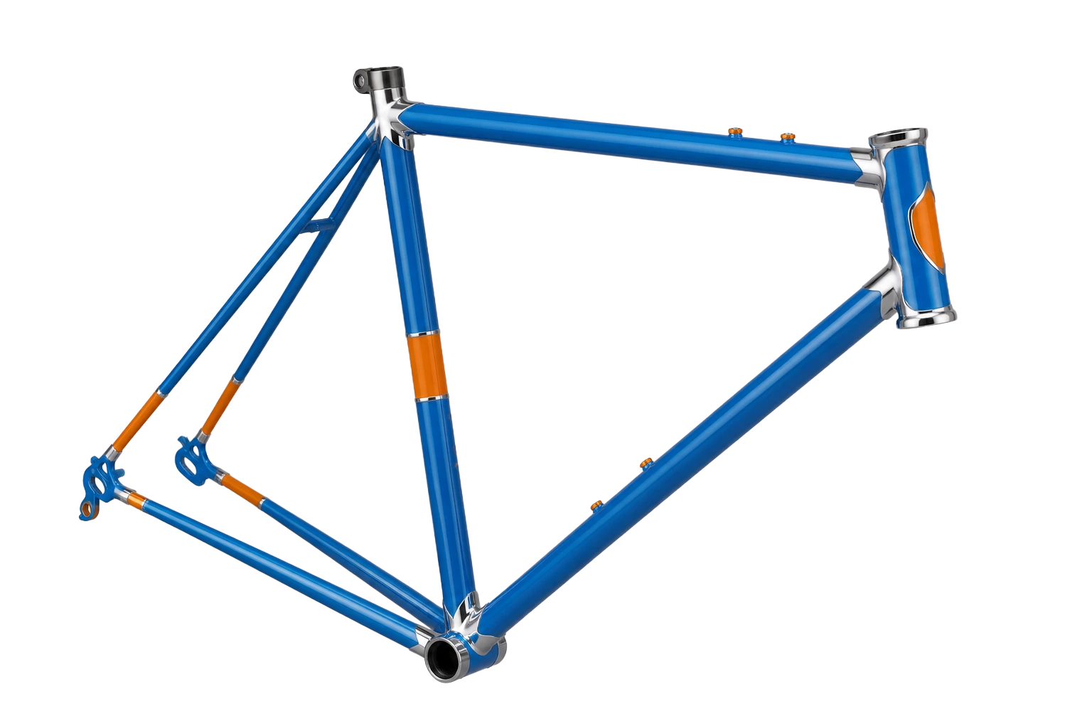 Lugged steel bicycle frameset painted storm blue, photographed in profile