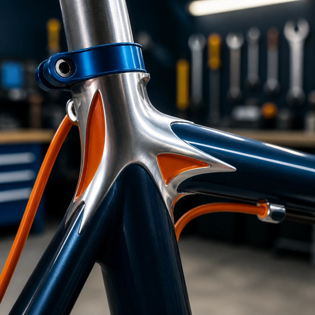 Close-up of a polished lug joining two frame tubes