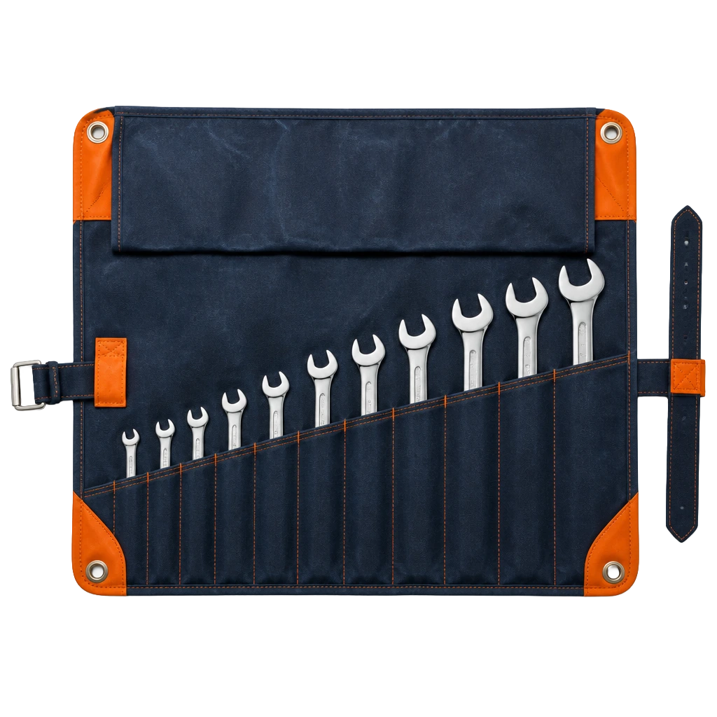 Waxed canvas tool roll, partly unrolled to show tools