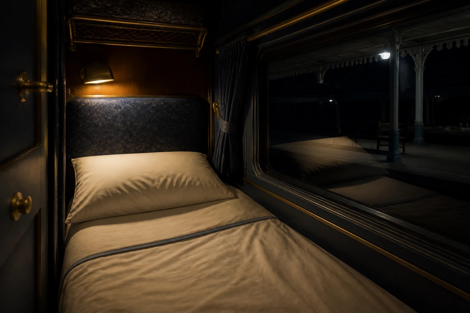 A sleeper compartment at night with a made-up bunk, a warm reading lamp and a dark window