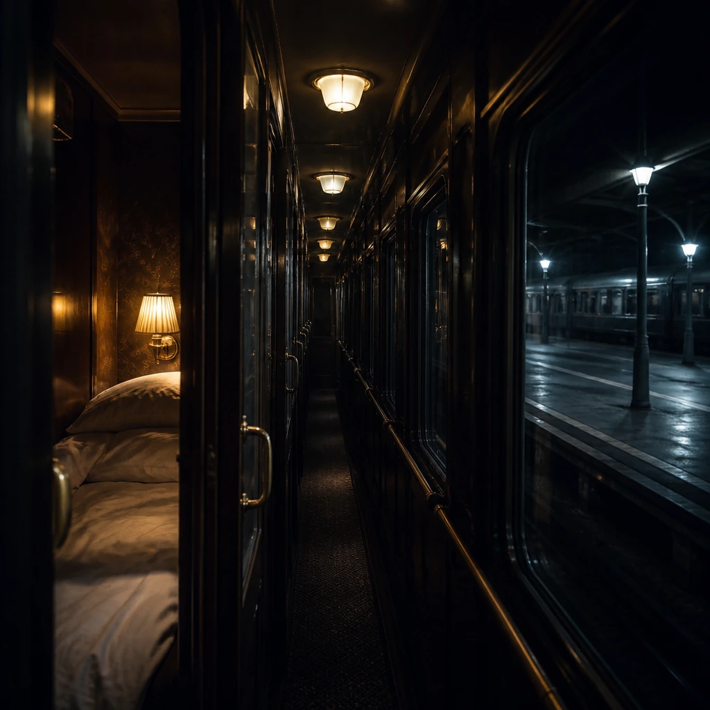 The narrow corridor of a sleeping car at night with warm lamps receding