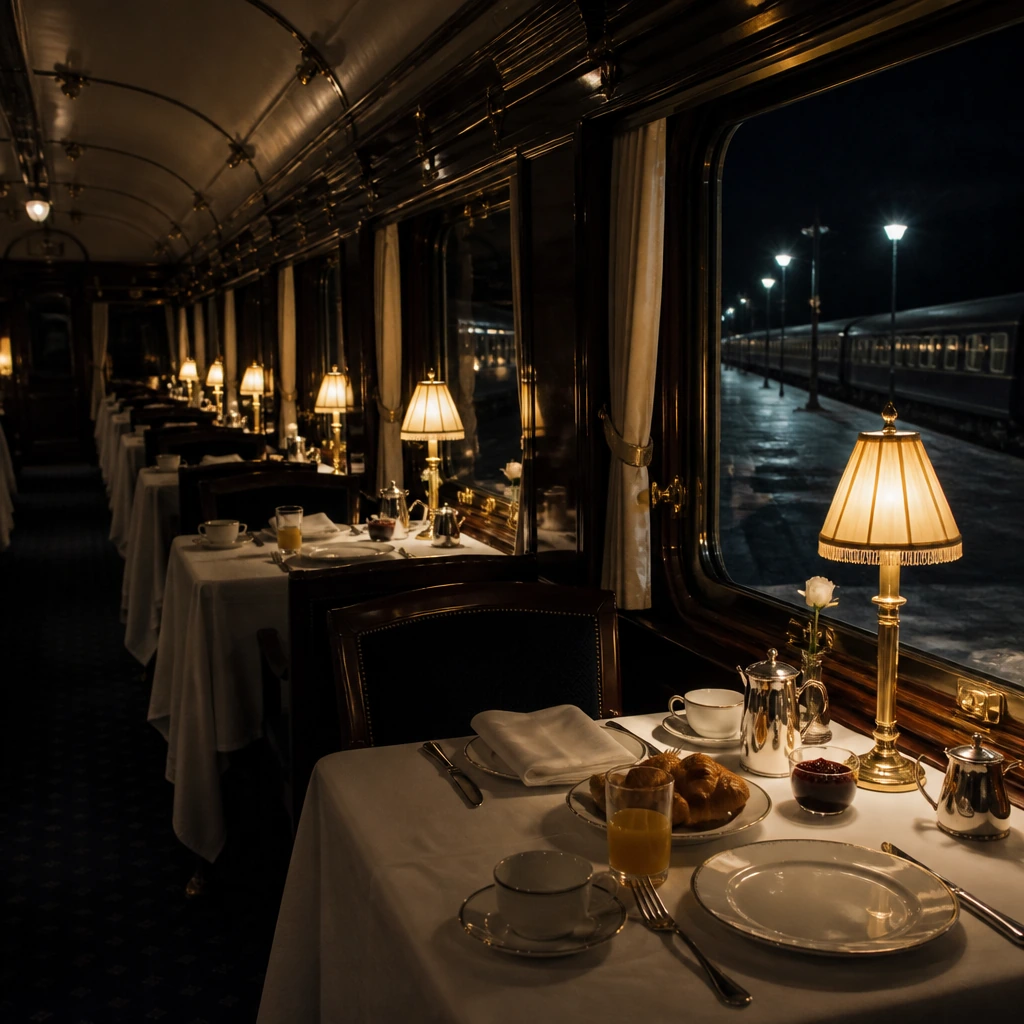 An empty dining car set for breakfast with lamps lit and night outside