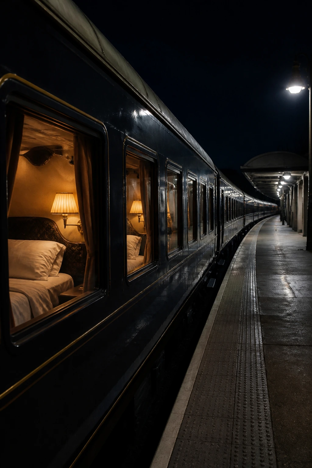 A long sleeper train standing at a lit platform late at night