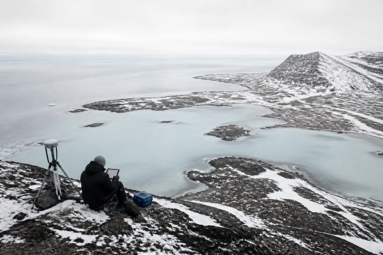An aerial view of an Arctic coastline, pale water and dark rock under flat light