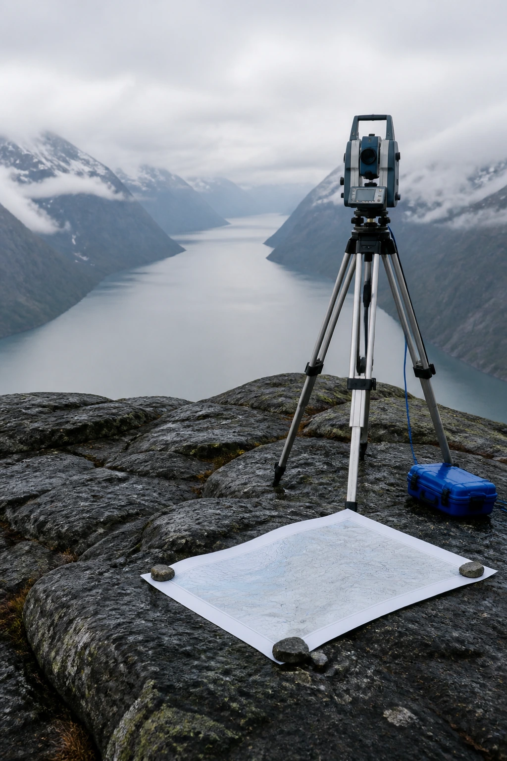 A survey tripod and total station set up on bare rock above a fjord