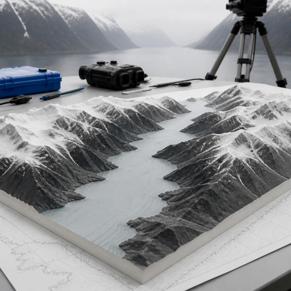A milled physical relief model of a fjord landscape on a table