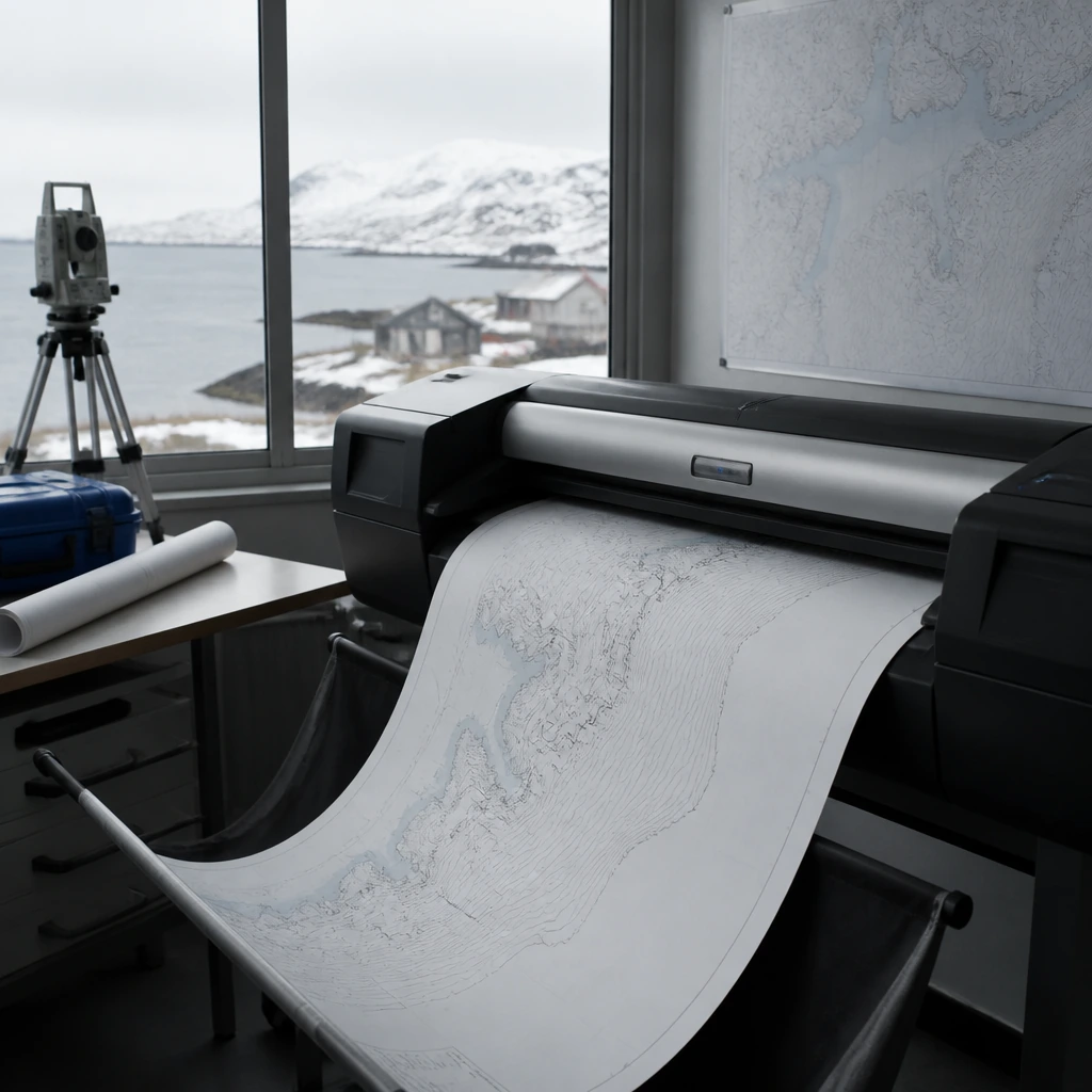 A wide-format plotter drawing a contour map in a survey office