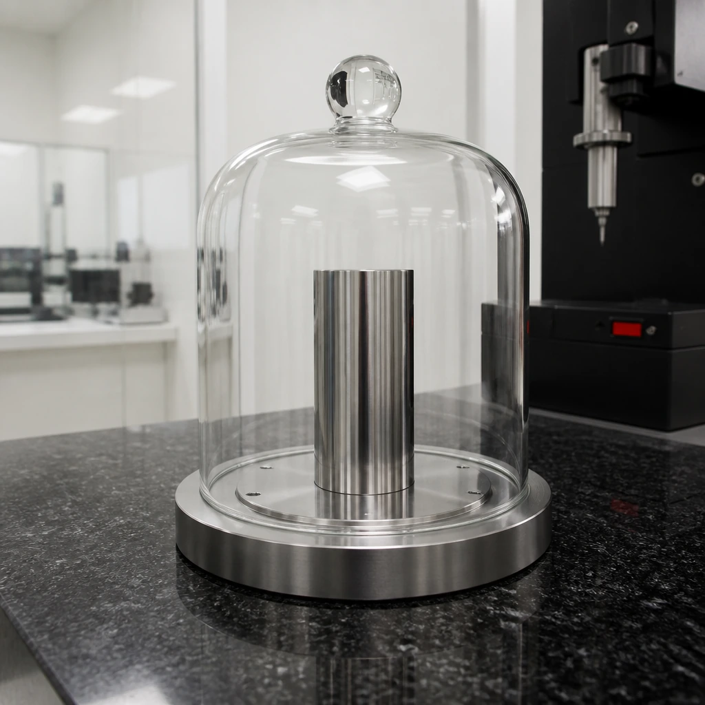 A polished metal cylinder standing under a glass bell jar on a black granite table