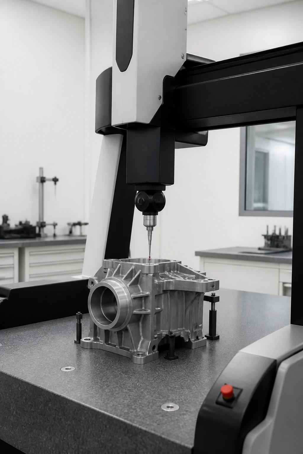 A coordinate measuring machine with a probe over a metal part in a clean laboratory